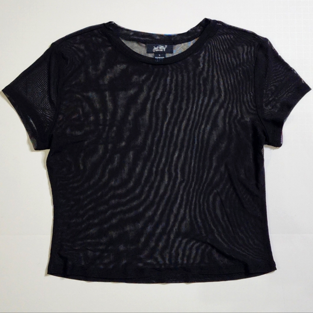 Black Short Sleeved Slightly Cropped Mesh T Shirt